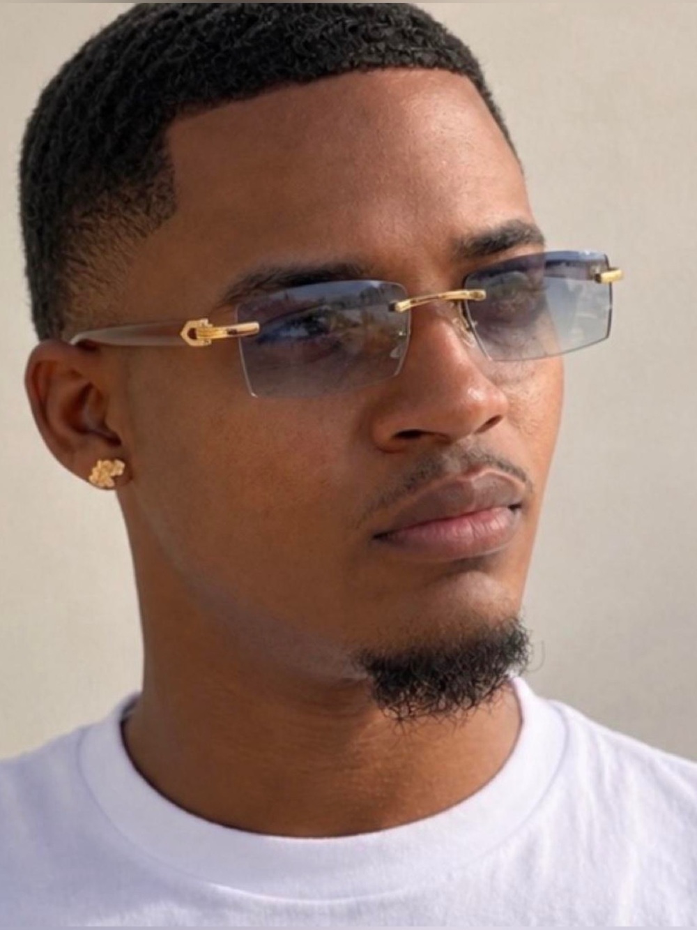 Rimless Rectangle Sunglasses Gold Brown Gray UV400
